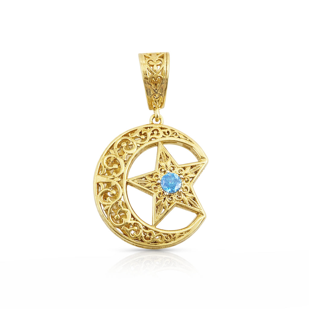 Crescent Moon Star Pendant with Sky Blue Topaz