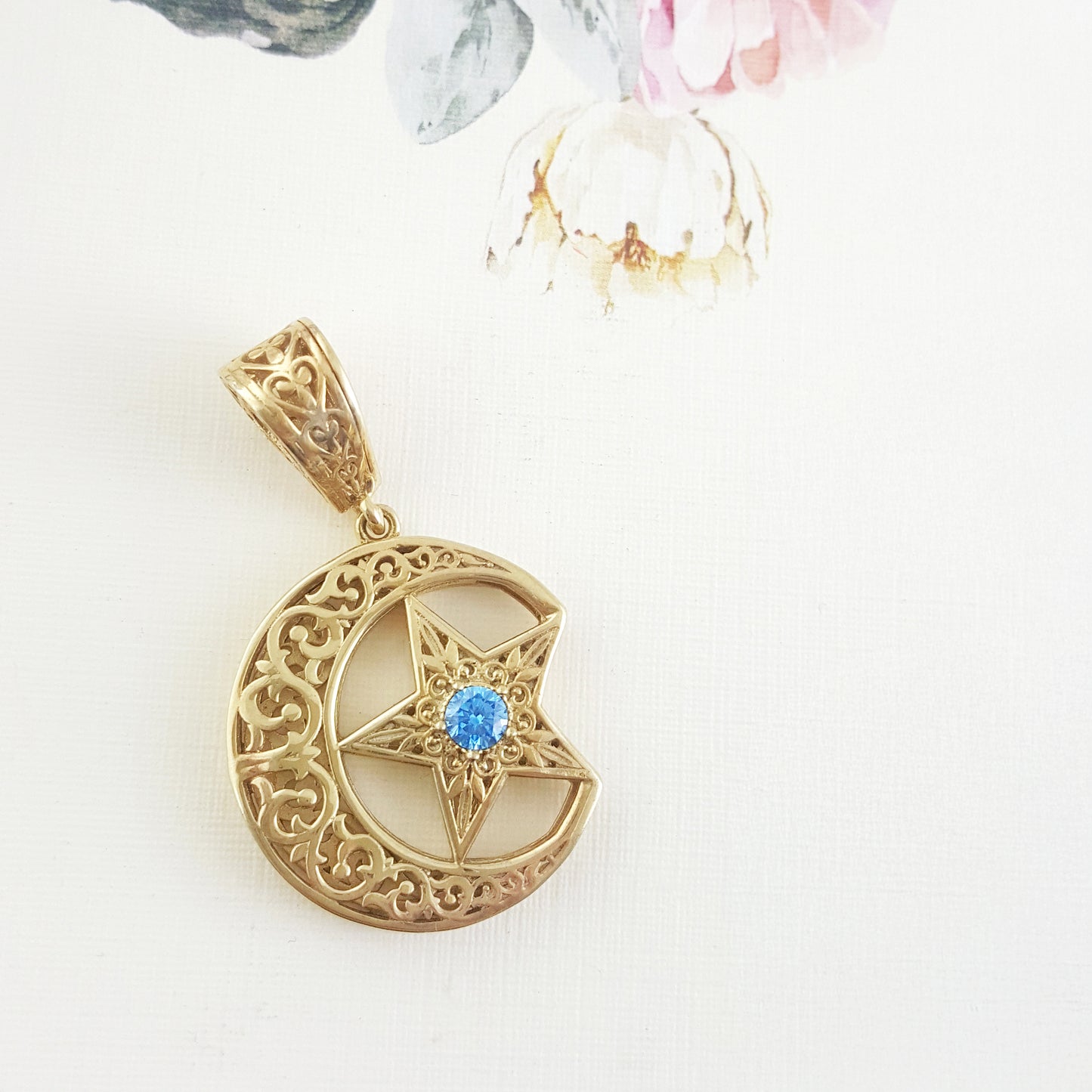 Crescent Moon Star Pendant with Sky Blue Topaz