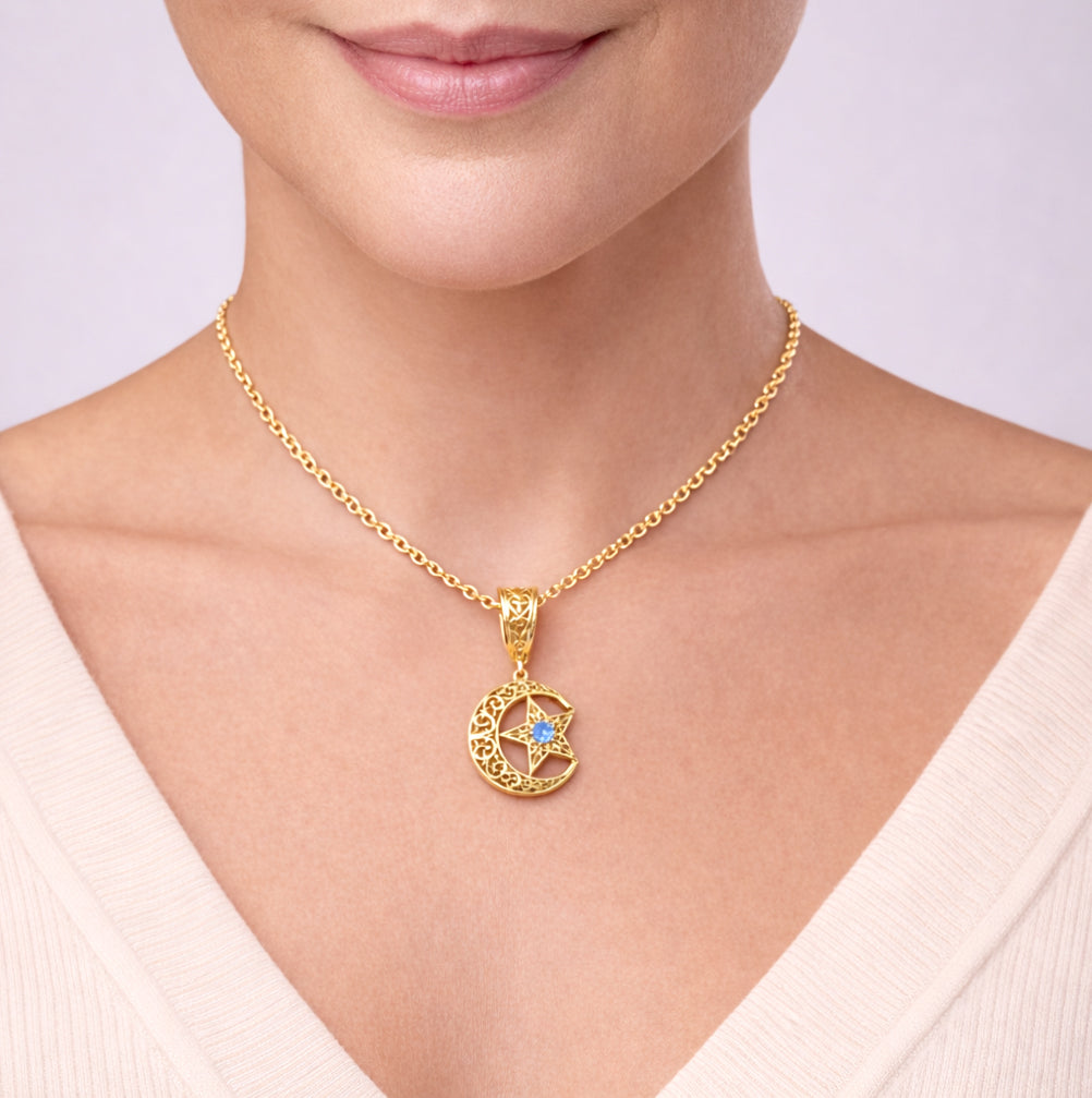 Crescent Moon Star Pendant with Sky Blue Topaz