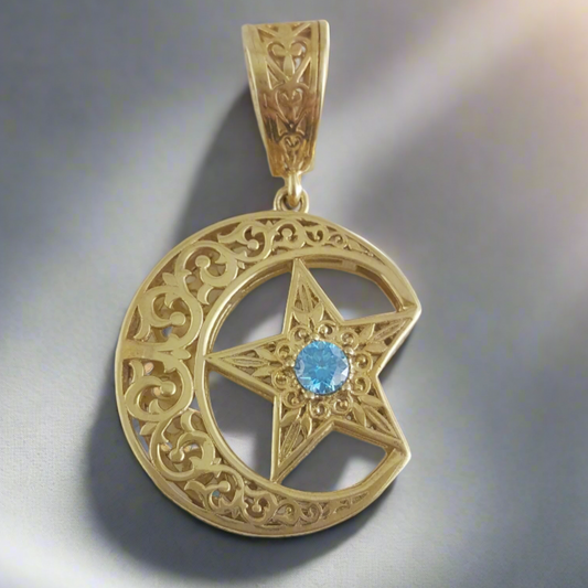 Gold Crescent Moon and Star Pendant with Sky Blue Topaz Colored Crystal – Handcrafted Celestial Necklace