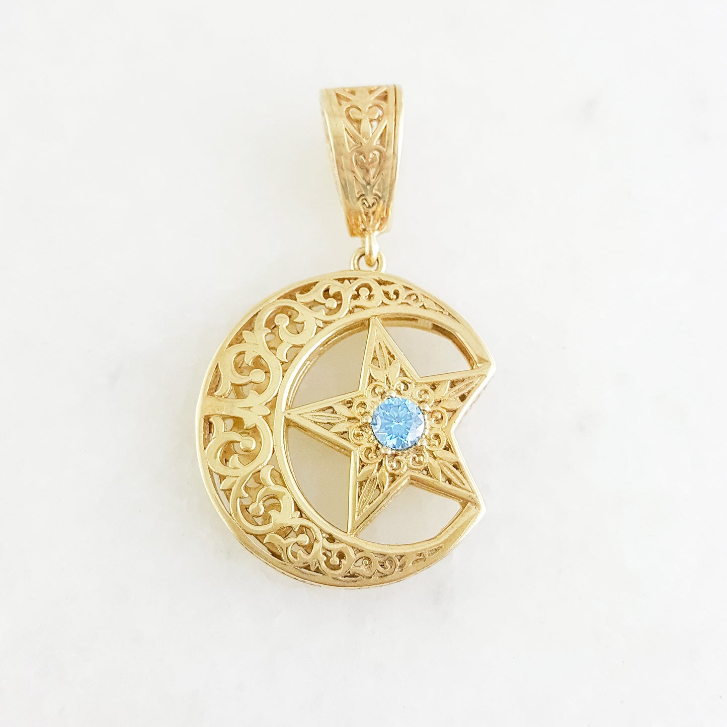 Crescent Moon Star Pendant with Sky Blue Topaz