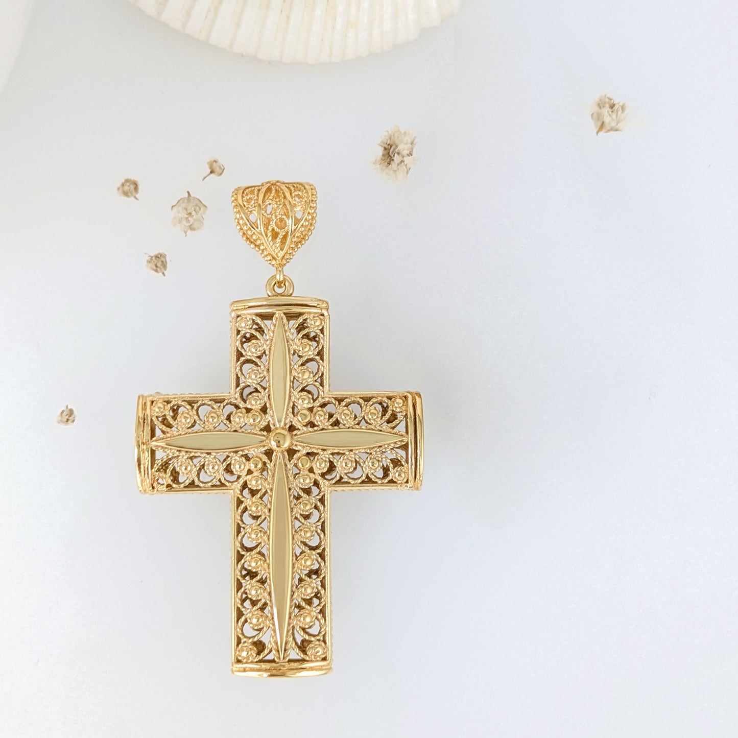 Reversible Scrollwork Filigree Cross Pendant with Dimensional Star Detail