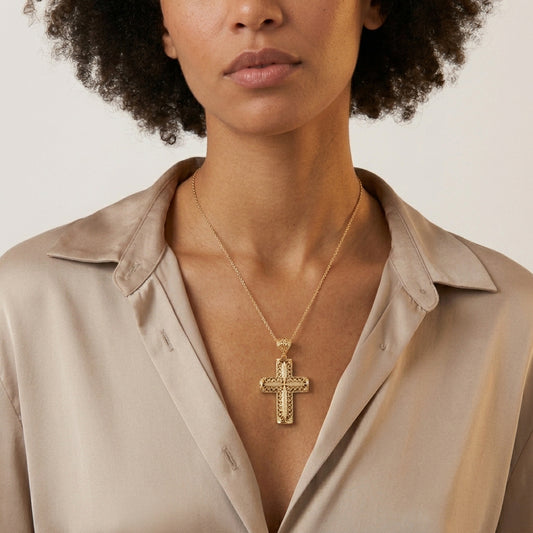 Reversible Scrollwork Filigree Cross Pendant with Dimensional Star Detail
