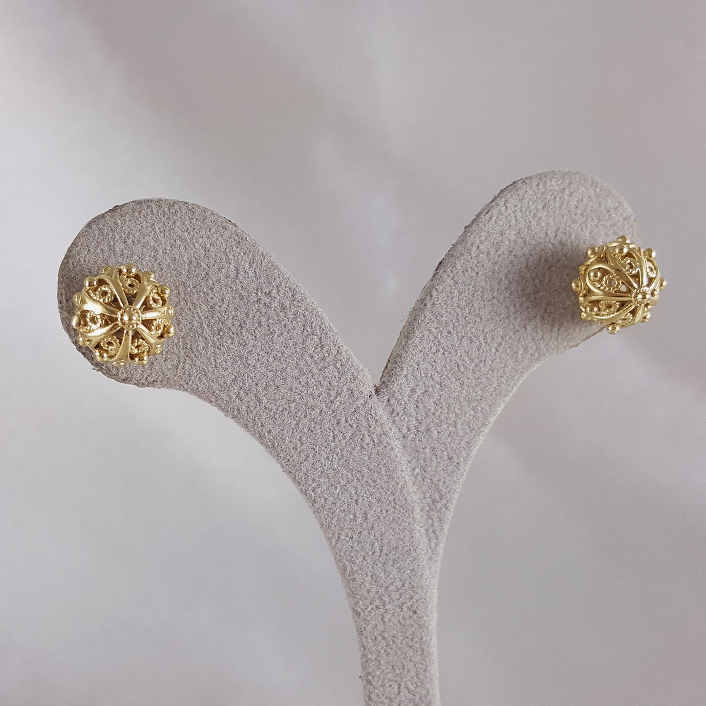 Small Cute Sphere Filigree Stud Earrings with gold milgrain accents