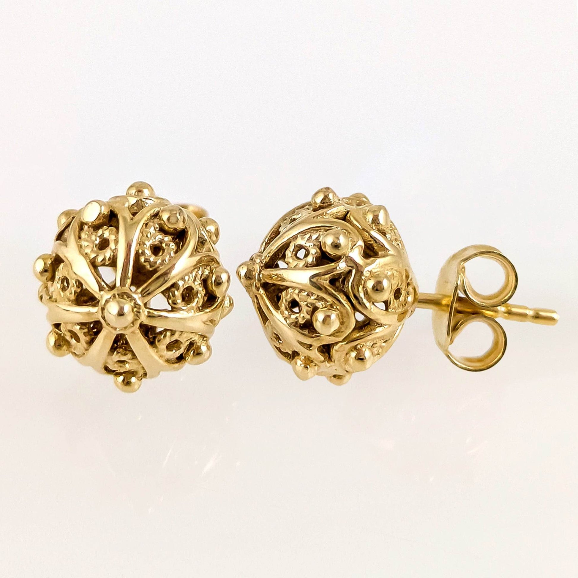 Ornate Sphere Stud Earrings with Floral Filigree Detail - TurkishBling