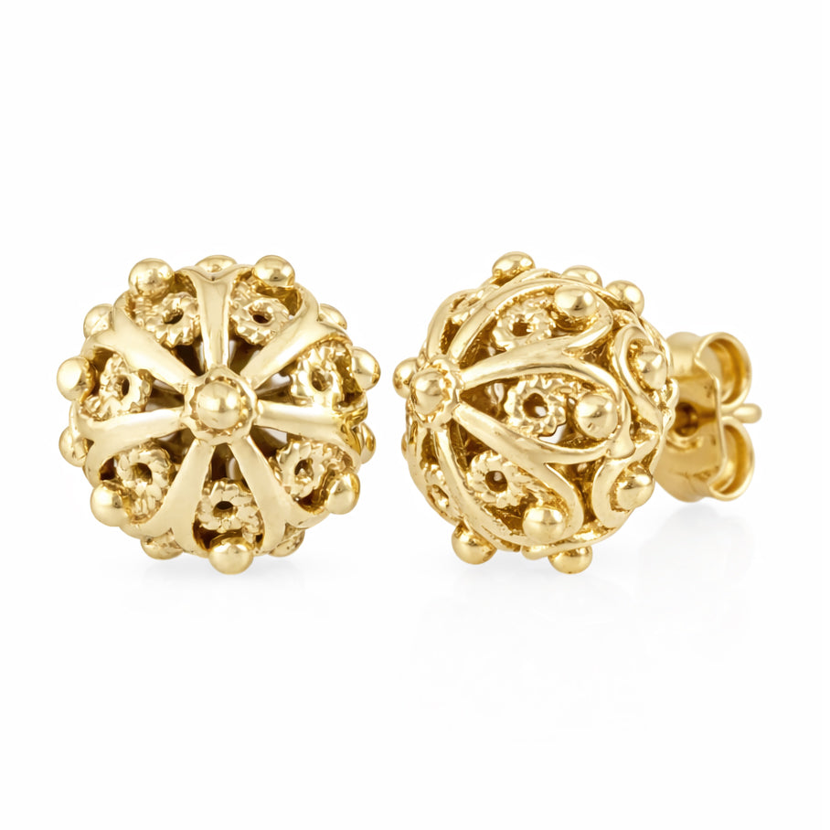Ornate Sphere Stud Earrings with Floral Filigree Detail
