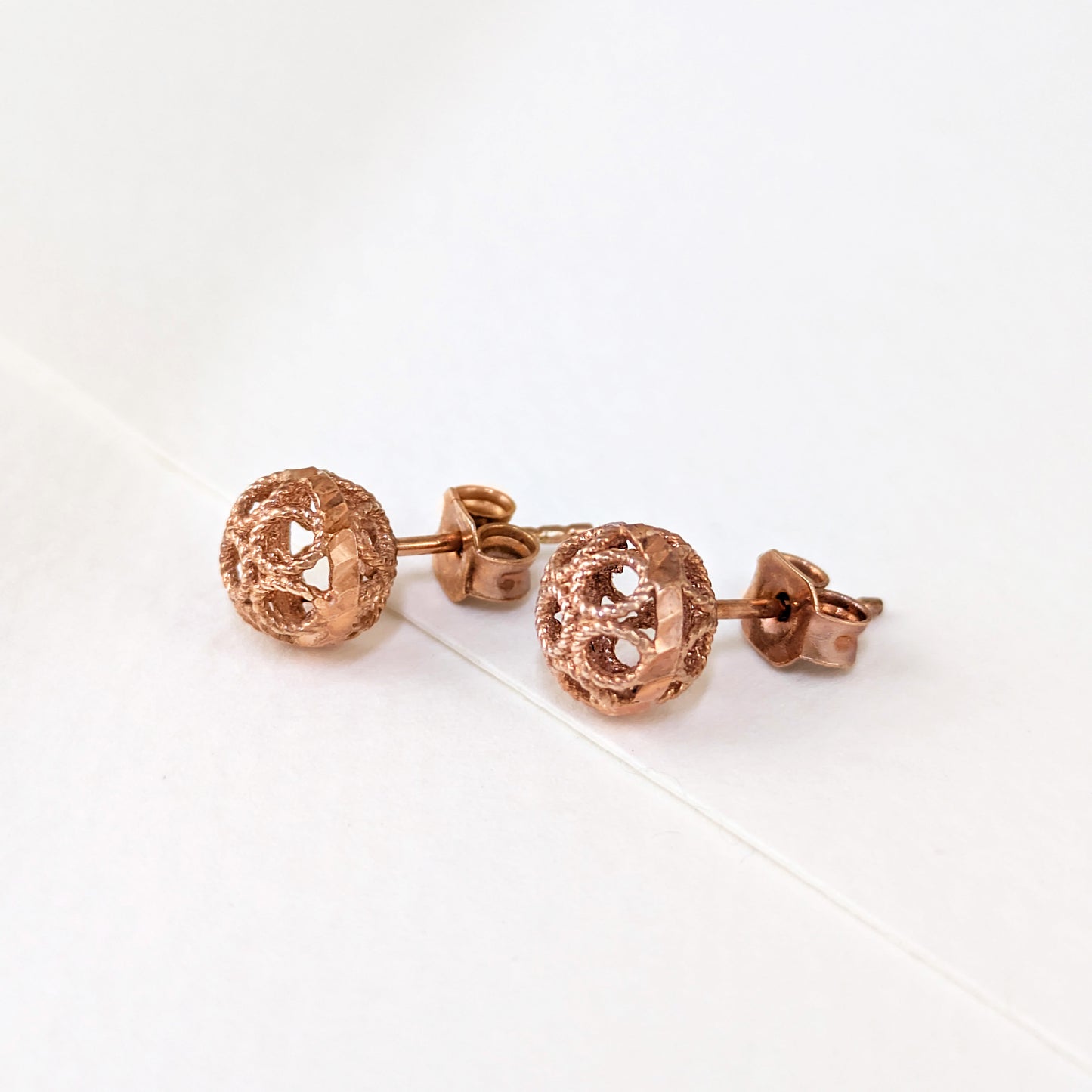 Round Gold Filigree Bead Stud Earrings with Diamond Cut