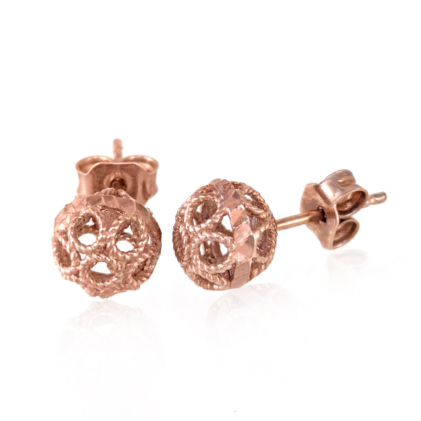 Round Gold Filigree Bead Stud Earrings with Diamond Cut