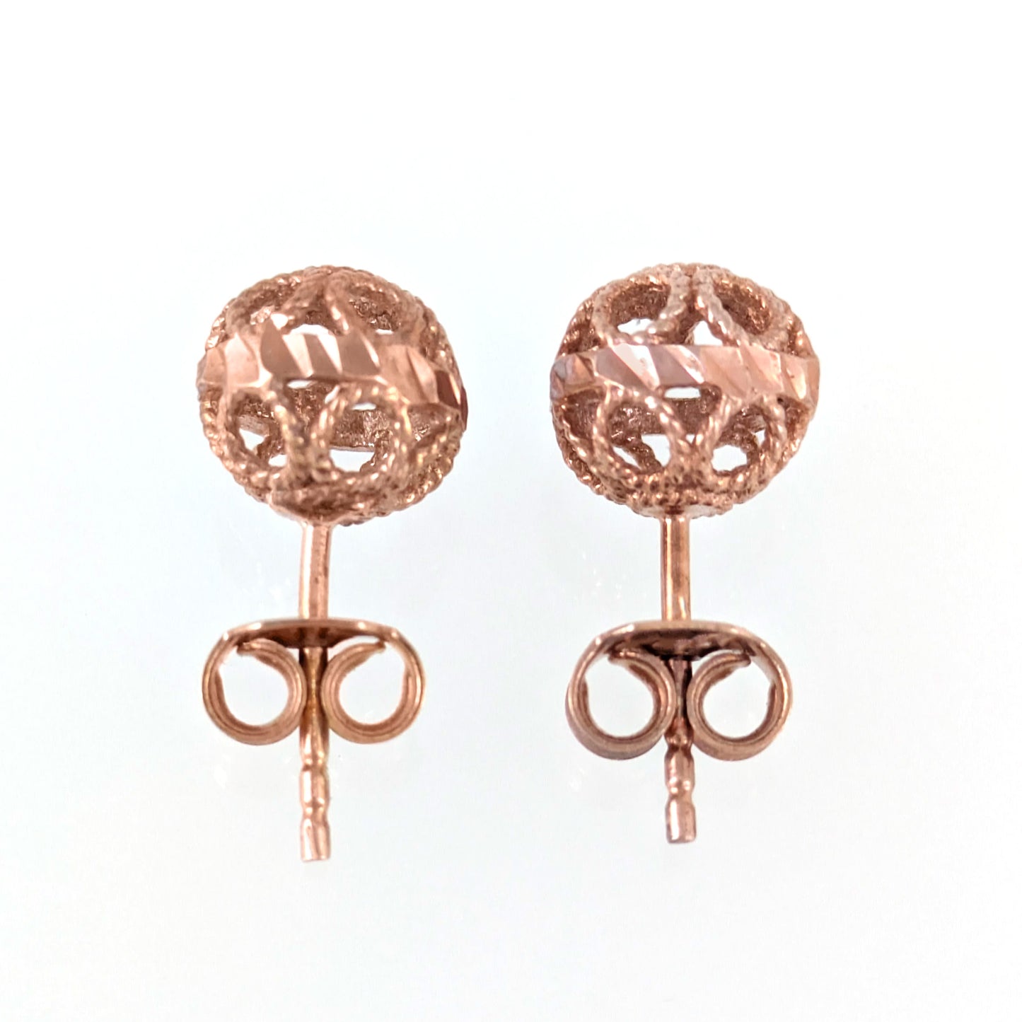 Round Gold Filigree Bead Stud Earrings with Diamond Cut