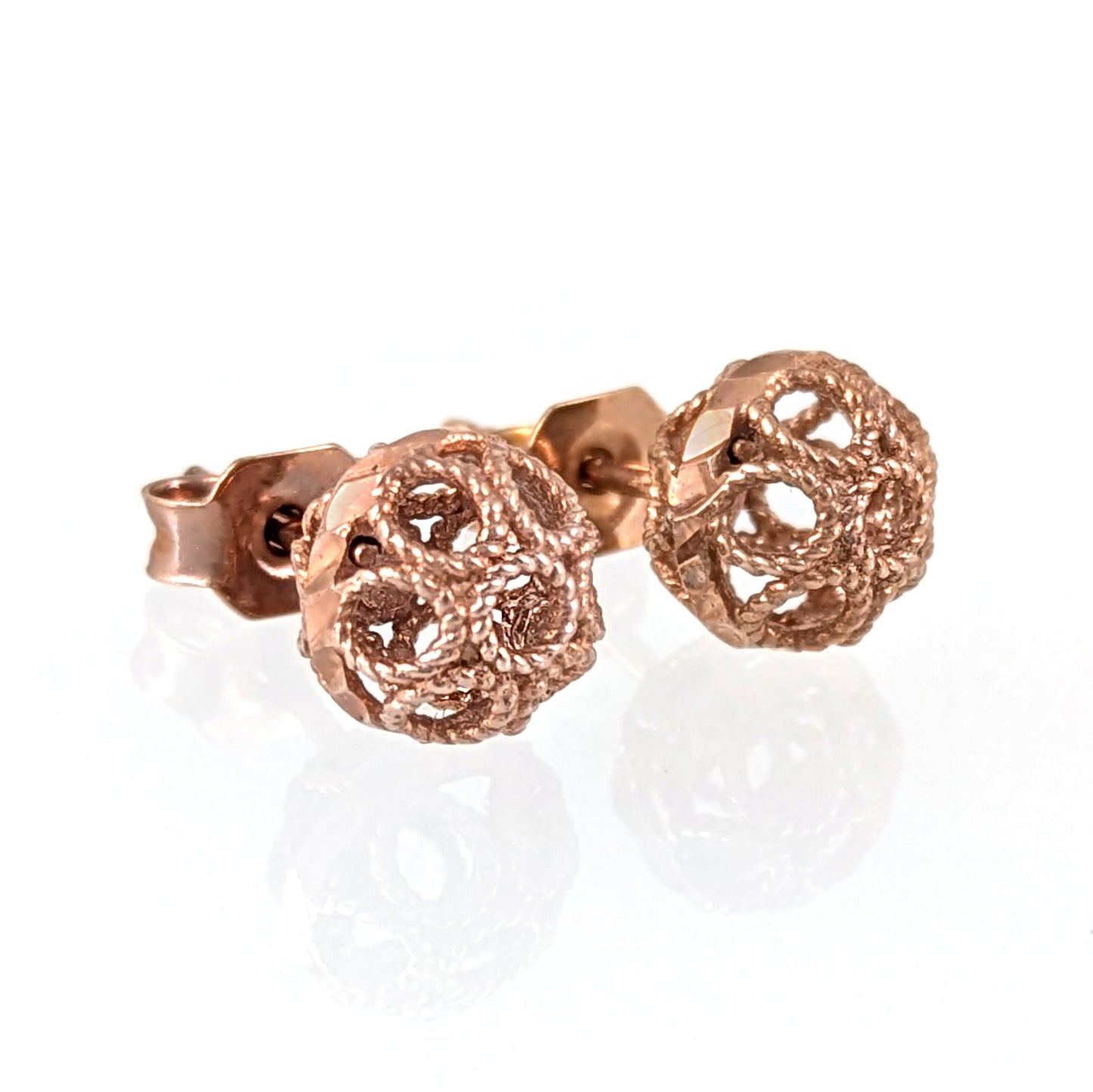 Round Gold Filigree Bead Stud Earrings with Diamond Cut