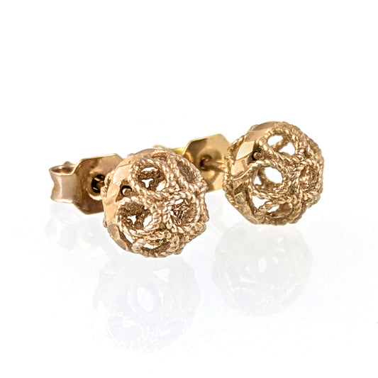 Round Gold Filigree Bead Stud Earrings with Diamond Cut