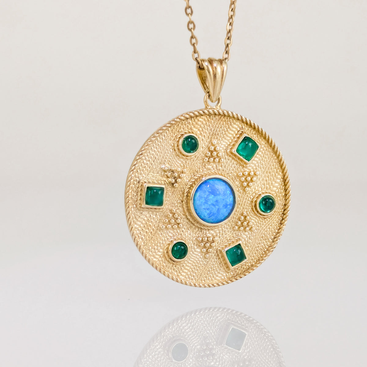 Opal Crystal and Green Agate Round Statement Pendant