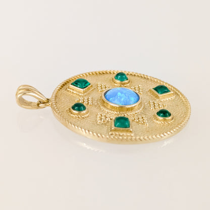 Opal Crystal and Green Agate Round Statement Pendant