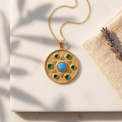 Opal Crystal and Green Agate Round Statement Pendant