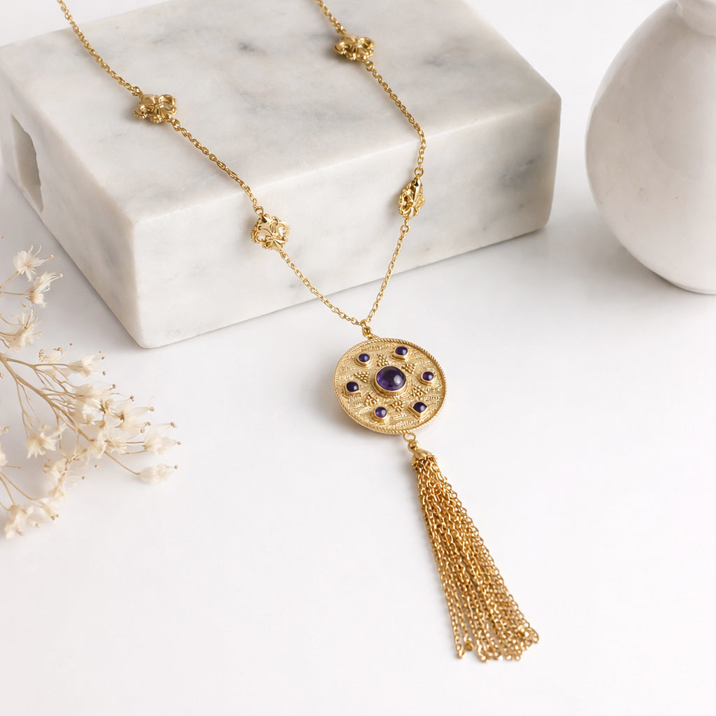 Byzantine Medallion Necklace with Amethyst and Tassel