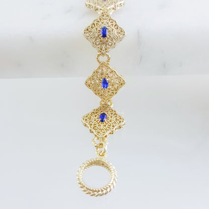 Filigree Link Bracelet with Cobalt Blue Oval Crystals