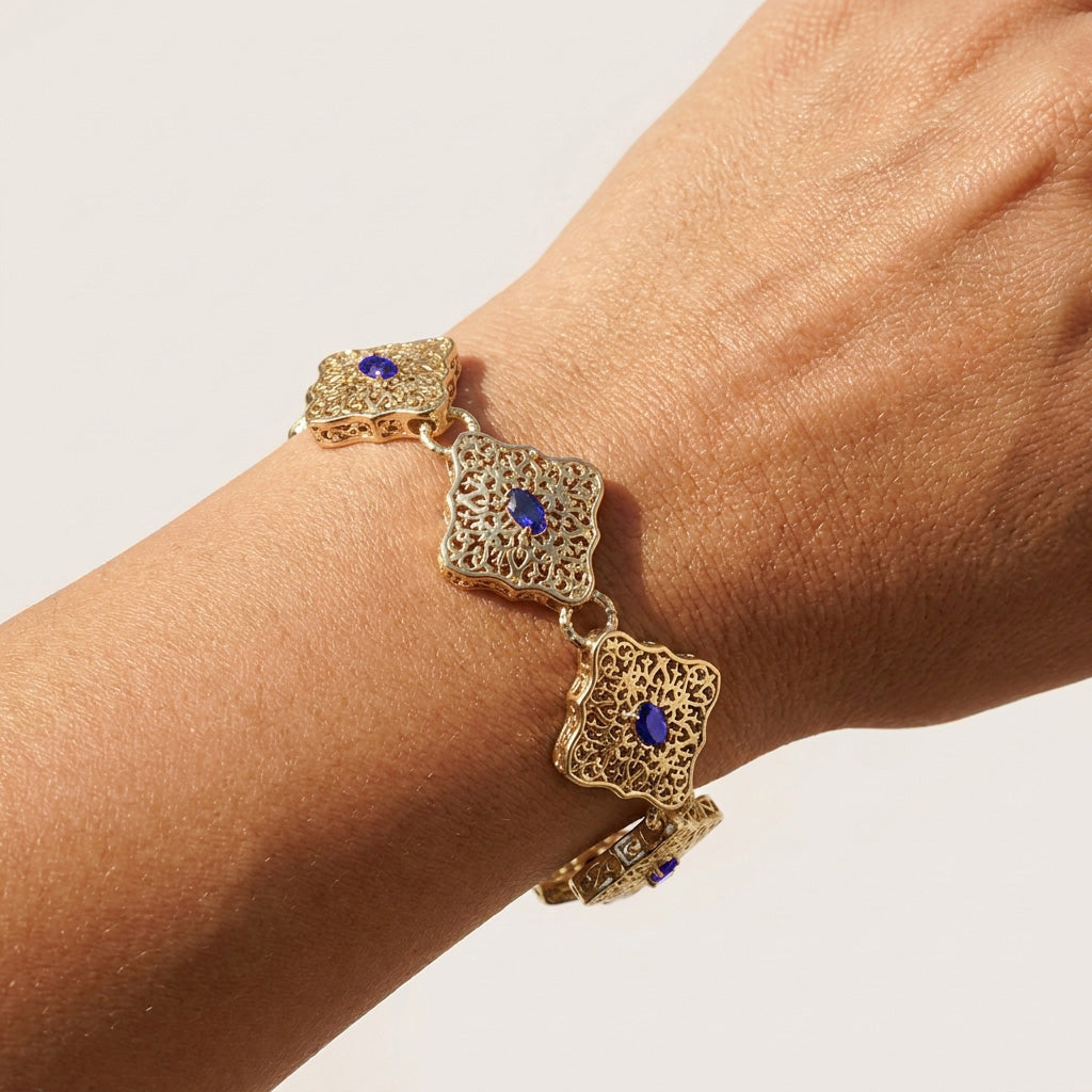 Filigree Link Bracelet with Cobalt Blue Oval Crystals