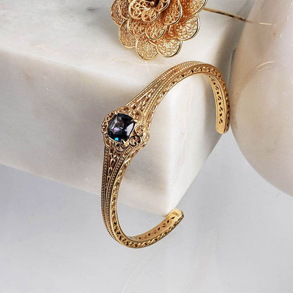 London Blue Topaz Colored Quartz Scrollwork Bangle Bracelet - TurkishBling