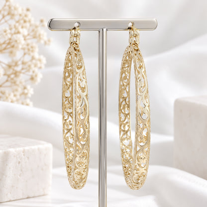Made to Order Glamorous Scrollwork 14K 18k Real Solid Gold Filigree Hoops - 52mm (2 inches) Inner Diameter