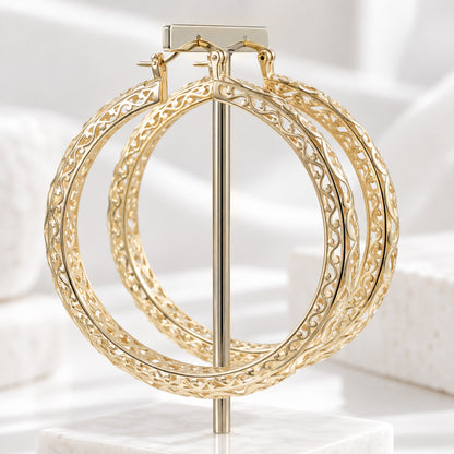 Made to Order Glamorous Scrollwork 14K 18k Real Solid Gold Filigree Hoops - 52mm (2 inches) Inner Diameter