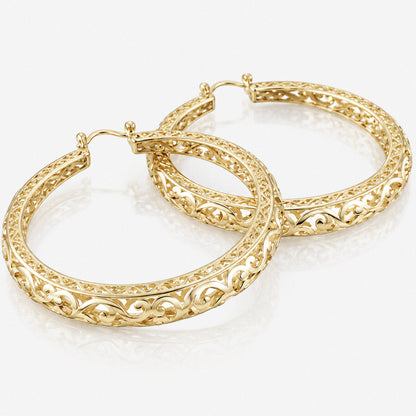 Made to Order Glamorous Scrollwork 14K 18k Real Solid Gold Filigree Hoops - 52mm (2 inches) Inner Diameter