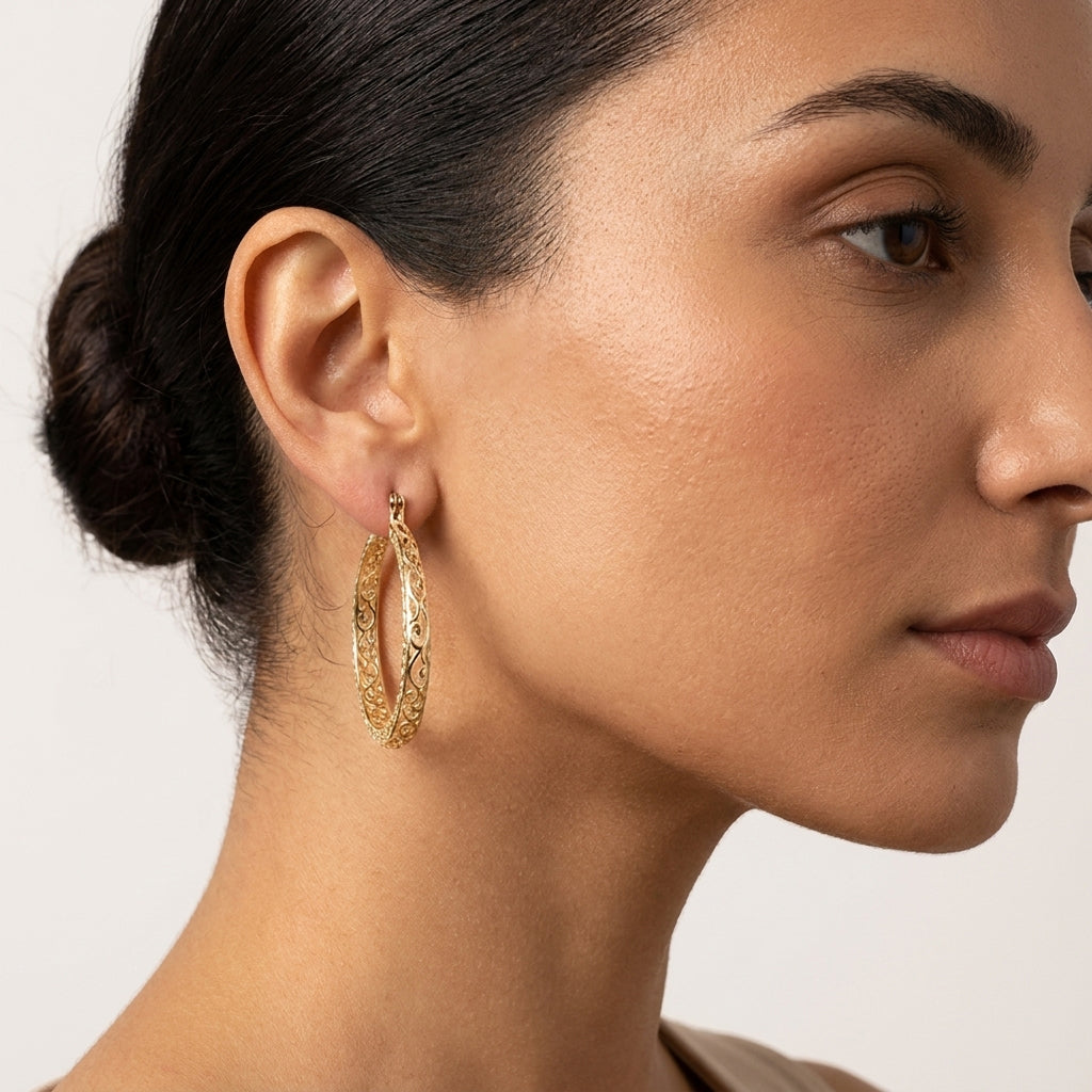 Made to Order Glamorous Scrollwork 14K 18k Real Solid Gold Filigree Hoops - 52mm (2 inches) Inner Diameter