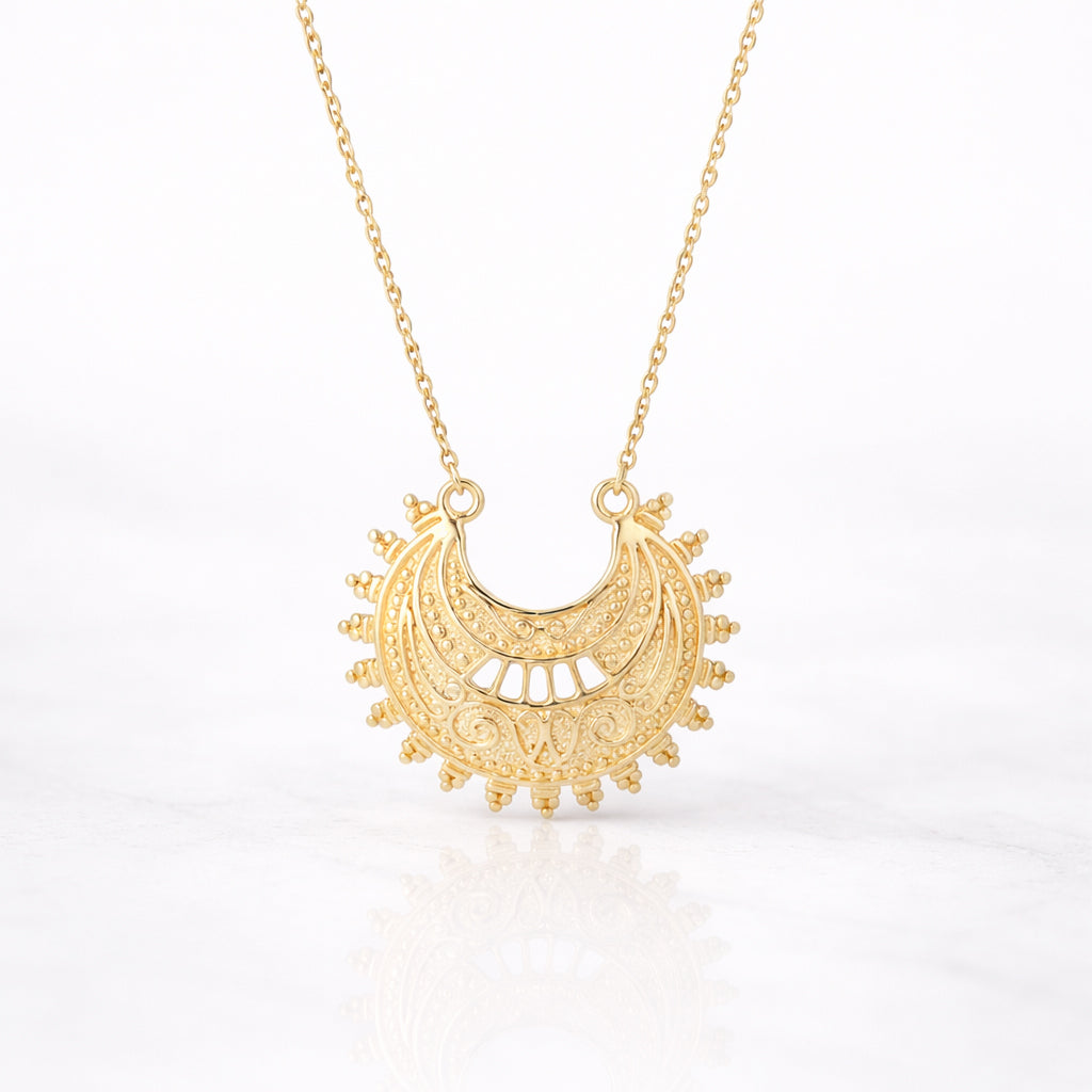 Ottoman Crescent Gold Necklace Filigree Pendant 18k Gold Over Bronze Statement Turkish Jewelry