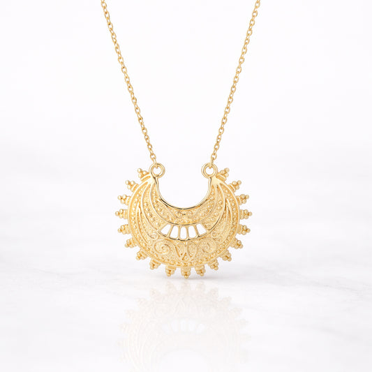 Ottoman Crescent Gold Necklace Filigree Pendant 18k Gold Over Bronze Statement Turkish Jewelry