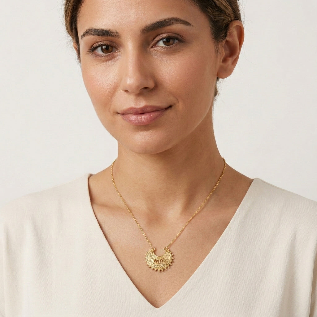 Ottoman Crescent Gold Necklace Filigree Pendant 18k Gold Over Bronze Statement Turkish Jewelry