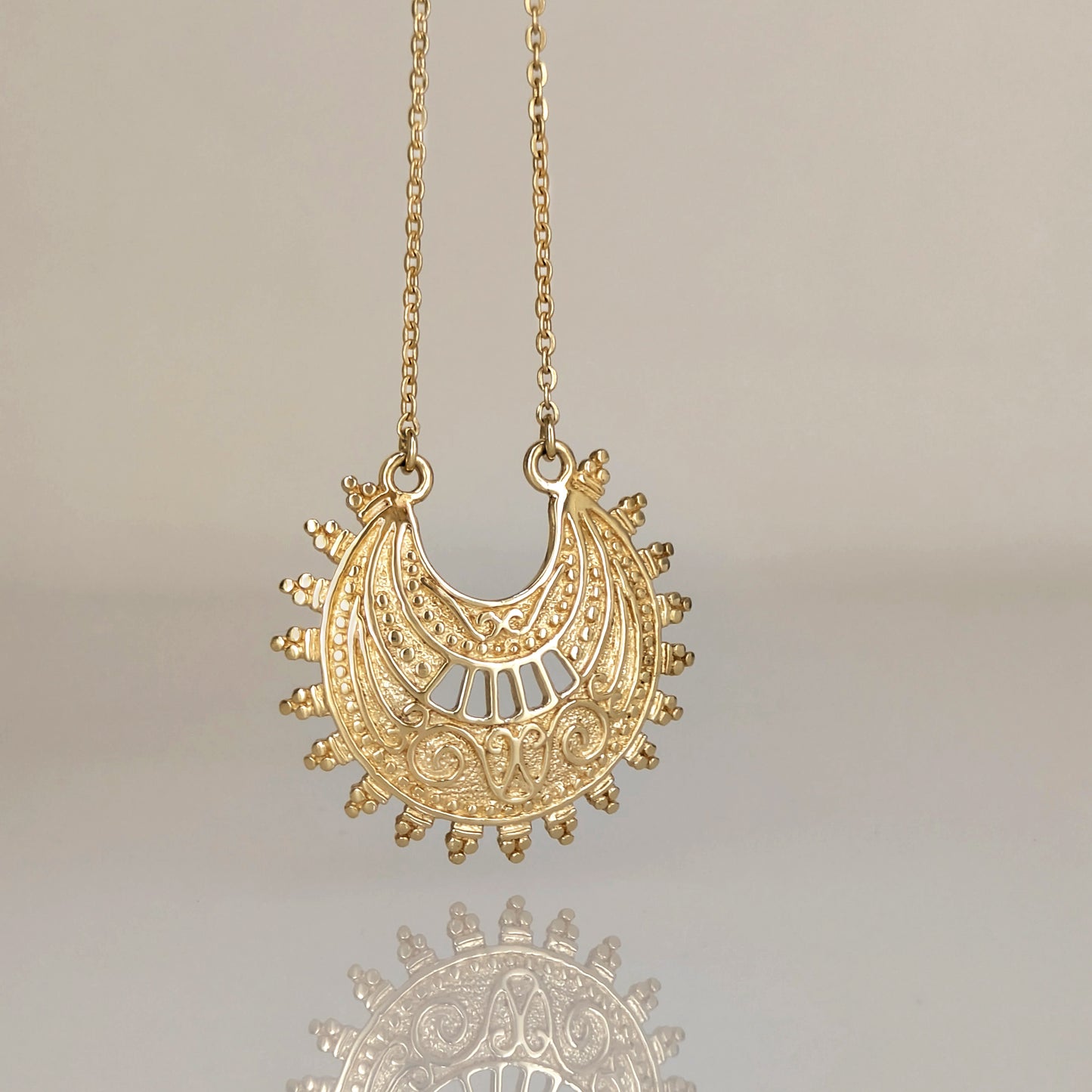 Ottoman Crescent Gold Necklace Filigree Pendant 18k Gold Over Bronze Statement Turkish Jewelry