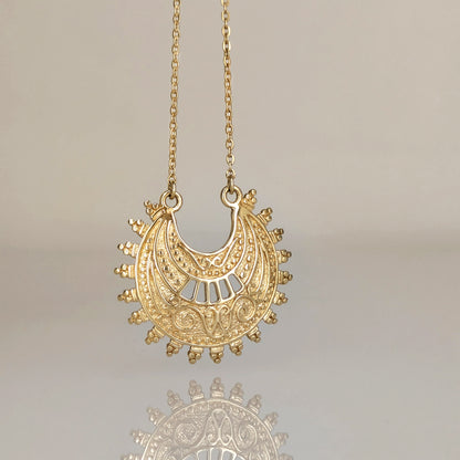Ottoman Crescent Gold Necklace Filigree Pendant 18k Gold Over Bronze Statement Turkish Jewelry