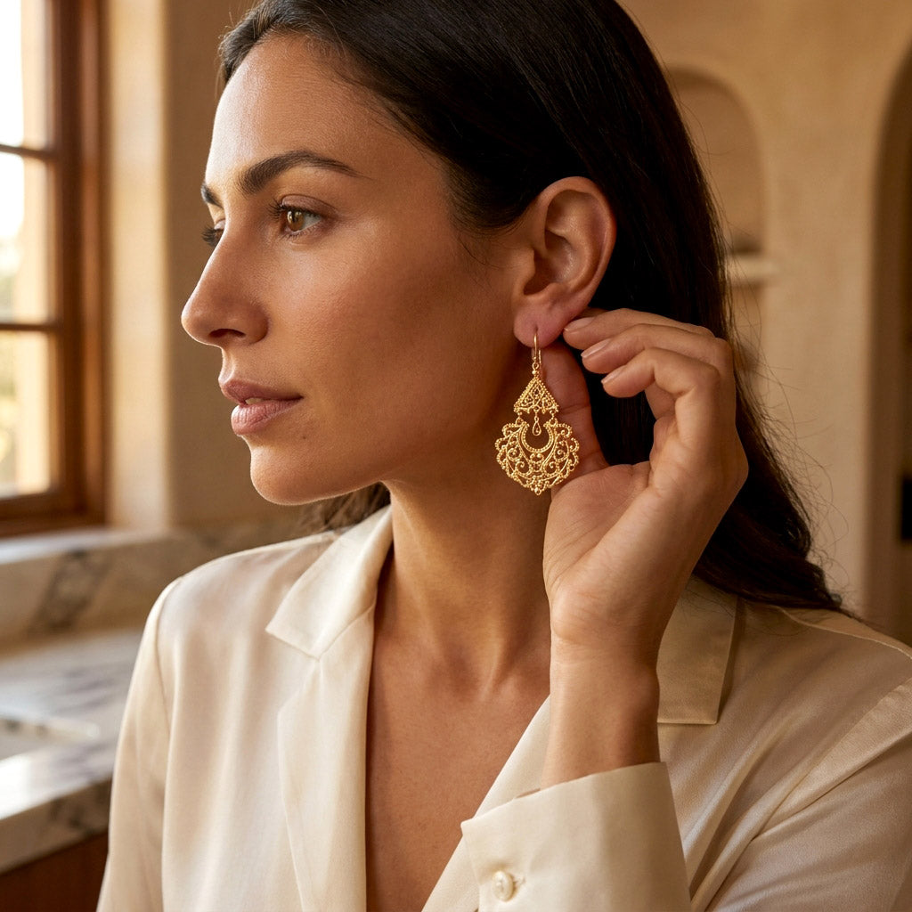Gold Filigree Chandelier Earrings – Vintage-Inspired Statement Dangle Earrings