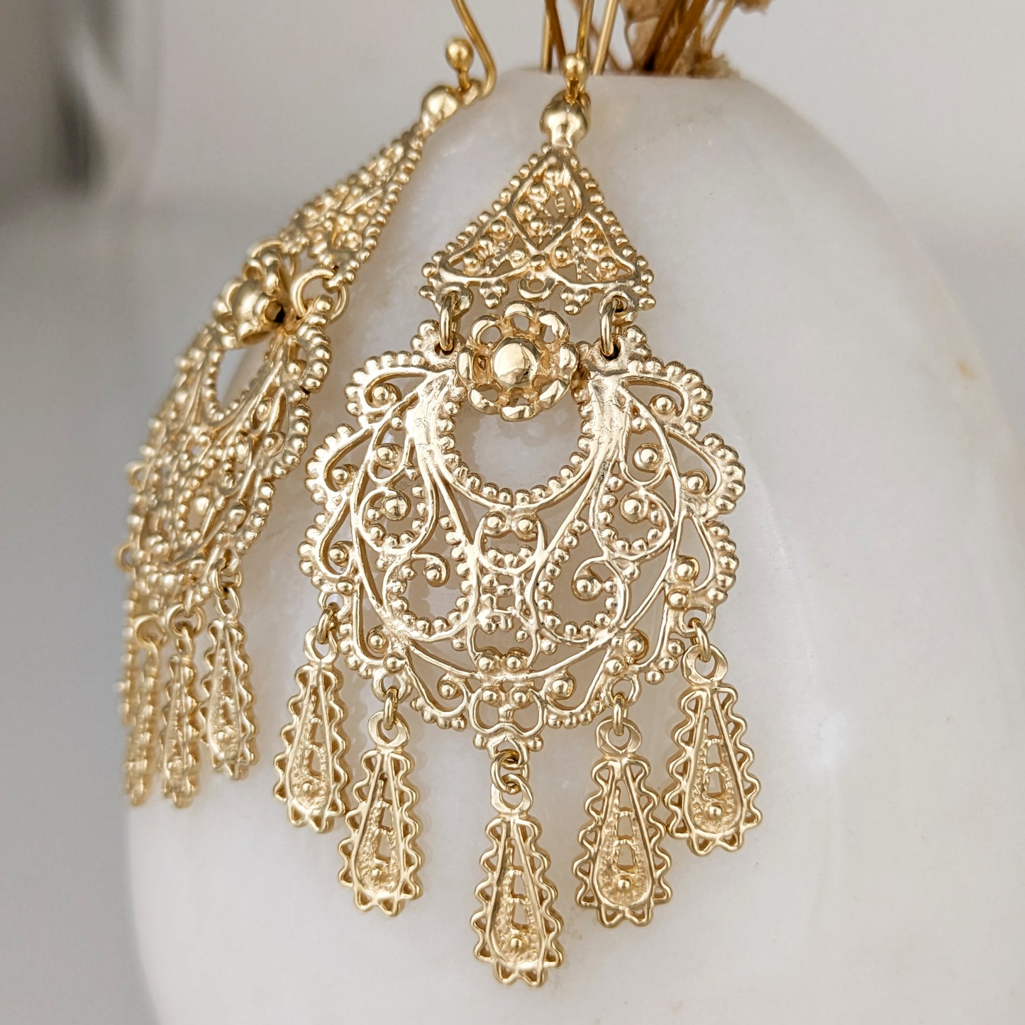 Gold Filigree Chandelier Earrings – Vintage-Inspired 2 3/8 Inch Dangle Earrings