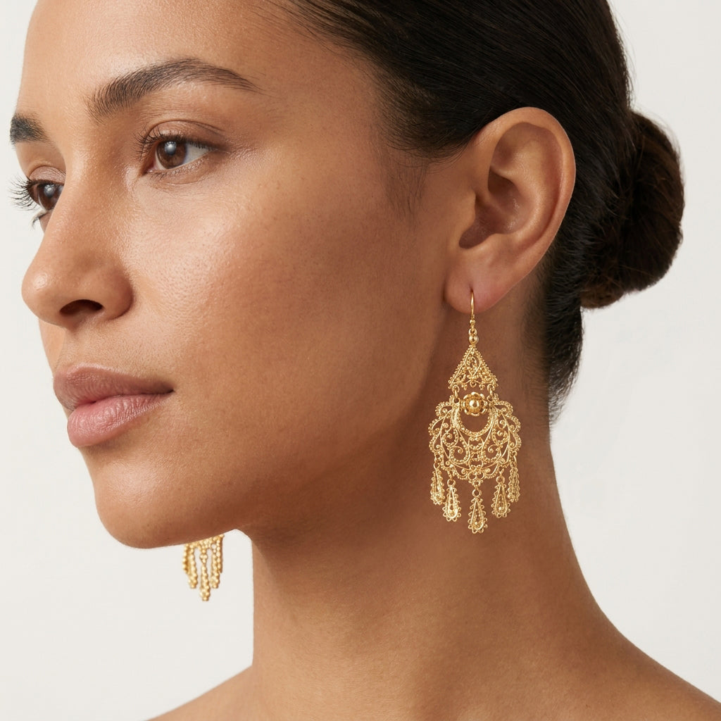 Gold Filigree Chandelier Earrings – Vintage-Inspired 2 3/8 Inch Dangle Earrings