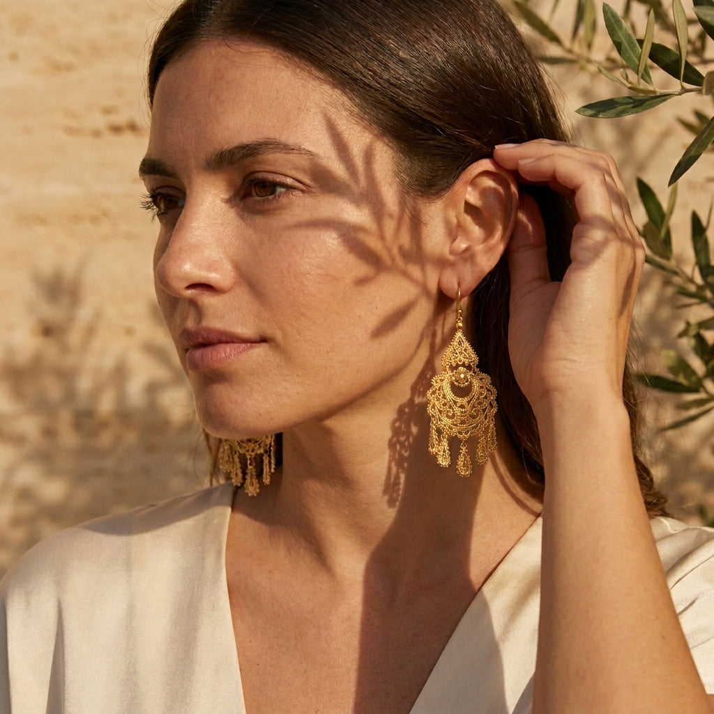 Gold Filigree Chandelier Earrings – Vintage-Inspired 2 3/8 Inch Dangle Earrings