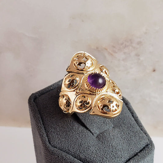 Filigree Ring with Ruby Zoisite or Amethyst – Bold Gold Statement Ring with 6mm Gemstone