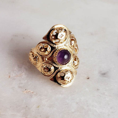 Filigree Ring with Ruby Zoisite or Amethyst – Bold Gold Statement Ring with 6mm Gemstone - TurkishBling