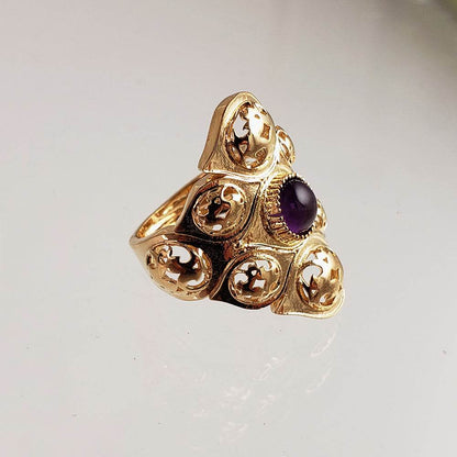Filigree Ring with Ruby Zoisite or Amethyst – Bold Gold Statement Ring with 6mm Gemstone - TurkishBling