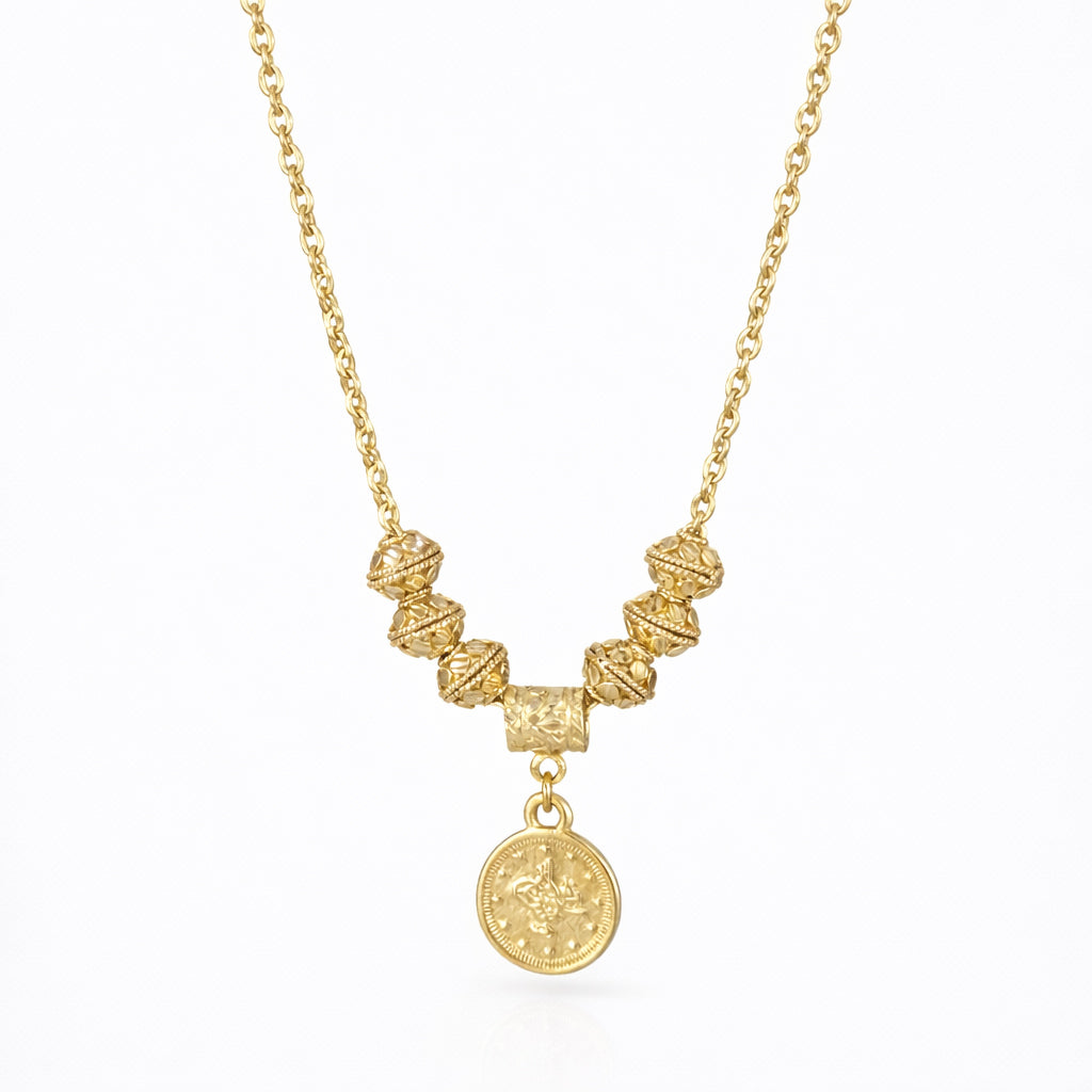 Coin Charm Beaded Necklace Adjustable Gold Necklace