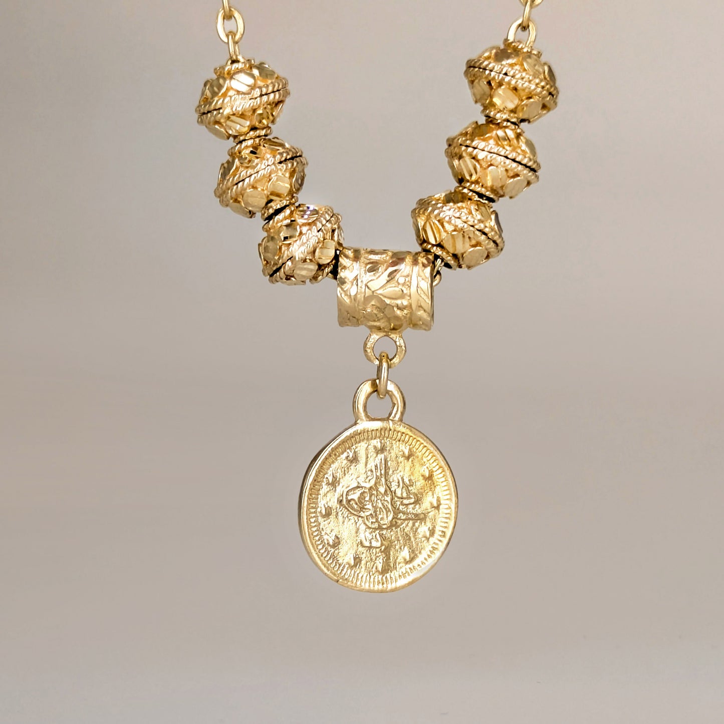 Coin Charm Beaded Necklace Adjustable Gold Necklace