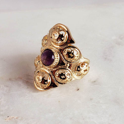 Filigree Ring with Ruby Zoisite or Amethyst – Bold Gold Statement Ring with 6mm Gemstone - TurkishBling