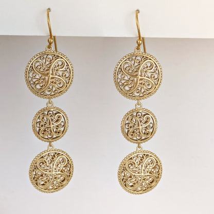 Triple Filigree Disc Drop Earrings