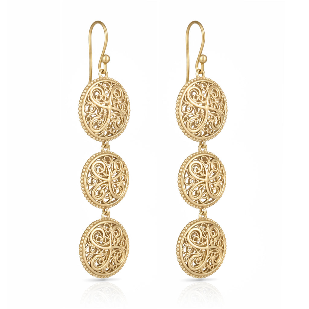 Triple Filigree Disc Drop Earrings