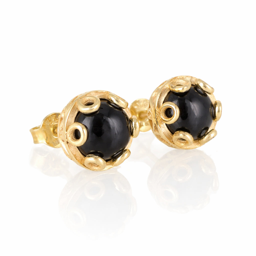 Black Onyx Stud Earrings Floral Frame