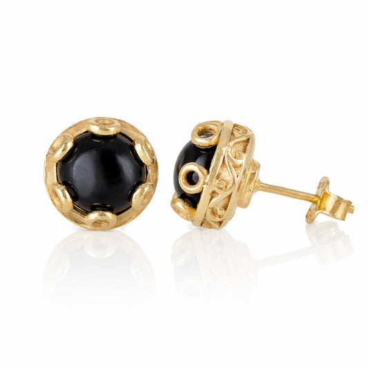 Black Onyx Stud Earrings Floral Frame