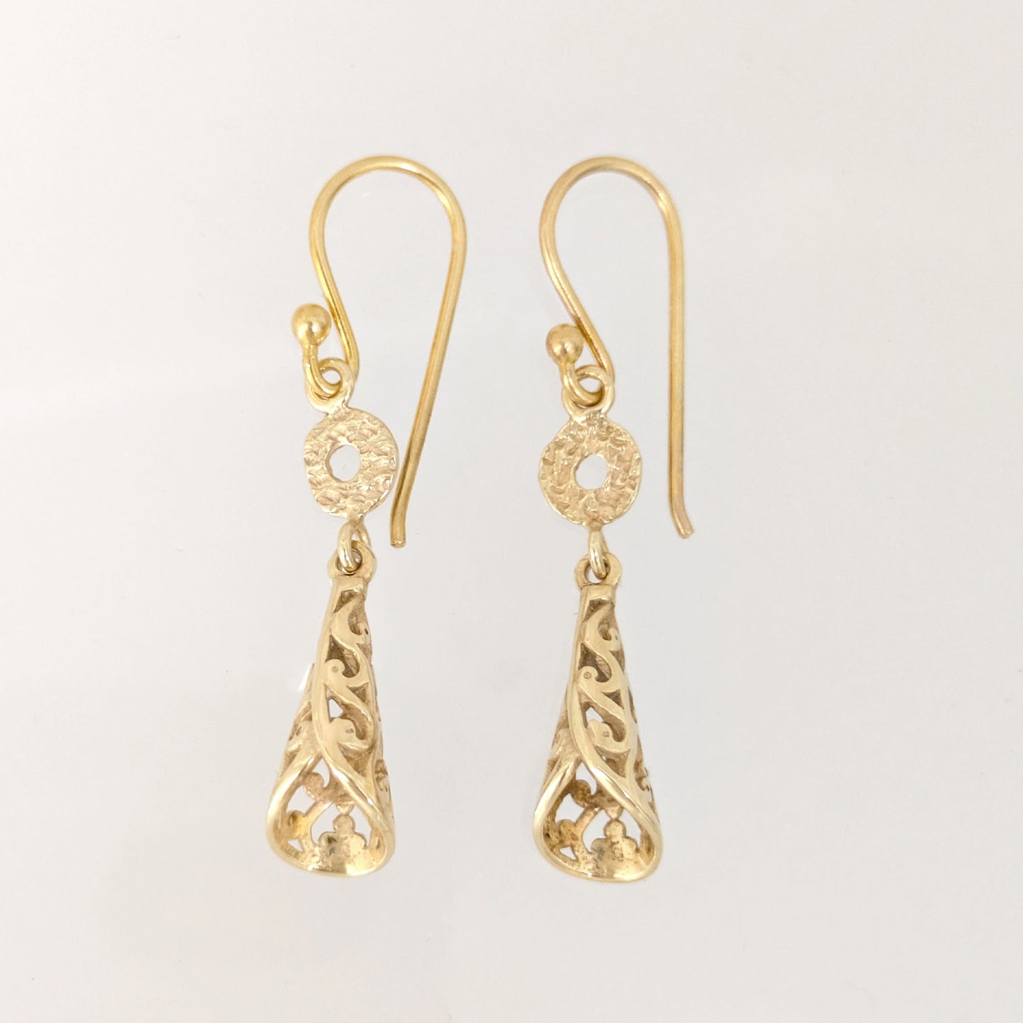 Filigree Cone Drop Earrings with Open Scroll Detail