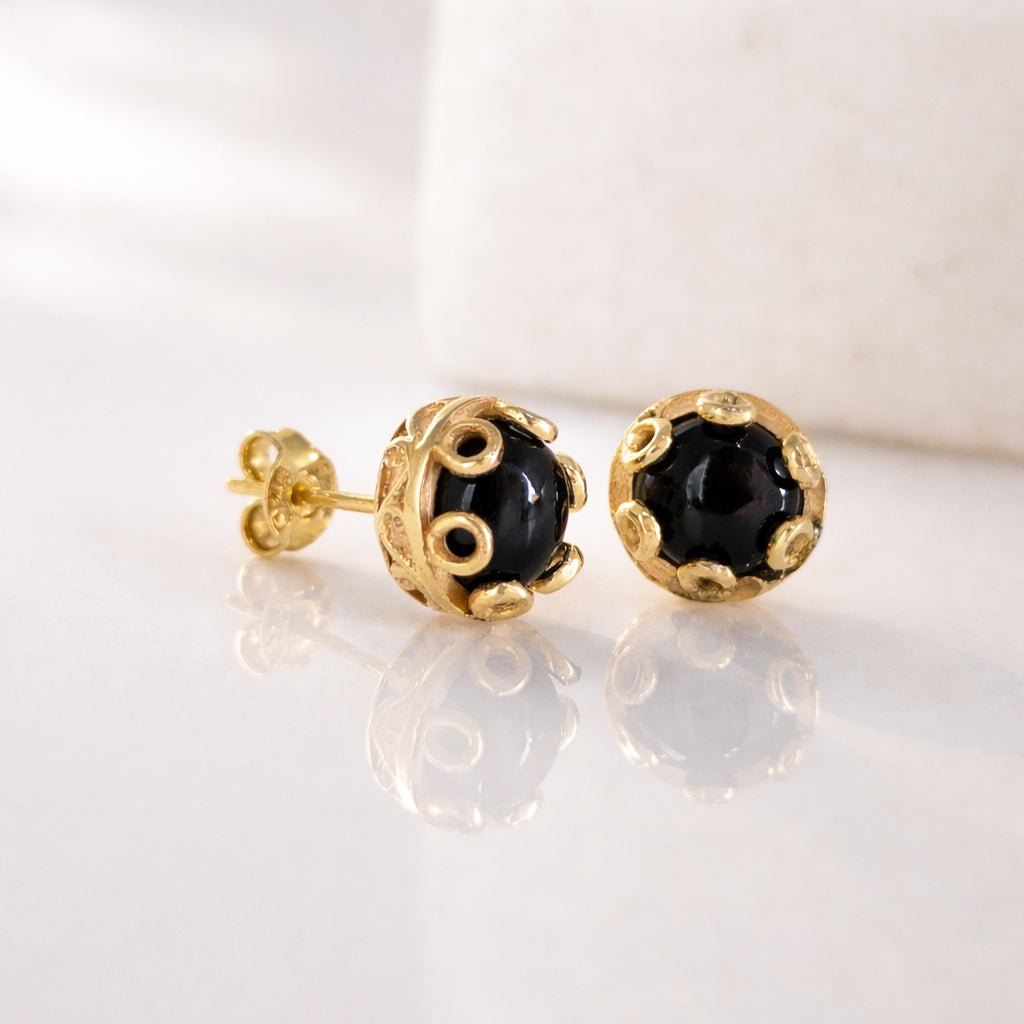 Black Onyx Stud Earrings Floral Frame