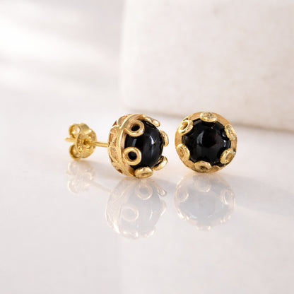 Black Onyx Stud Earrings Floral Frame