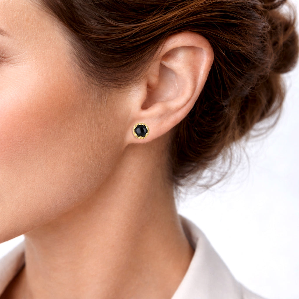 Black Onyx Stud Earrings Floral Frame