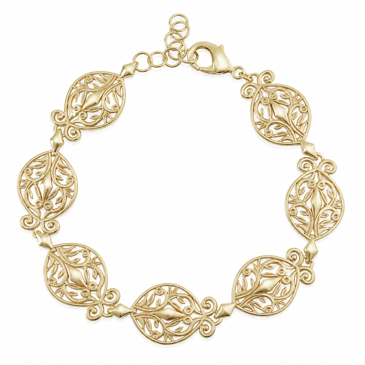 Filigree Link Bracelet with Ornate Detailing - Artisan Handmade Floral Bracelet in 18K Gold Over Bronze